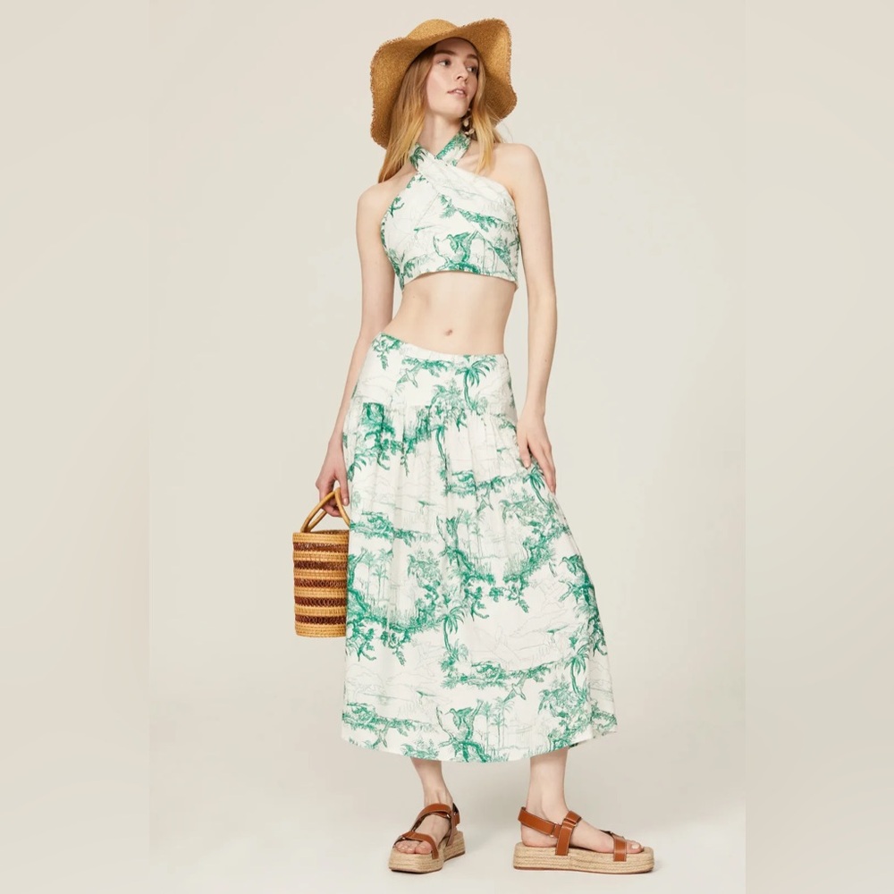 NWT Joie Brixerley Green Toile Print Midi Linen Skirt sz2